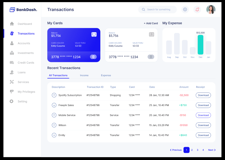 BankDash transactions screen with card balances, an expense chart and transaction list.