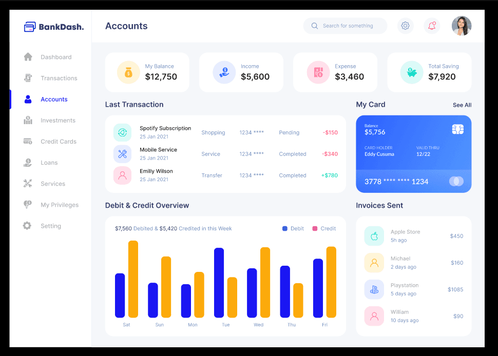 BankDash accounts screen with balances, transactions, a card and debit-credit chart.