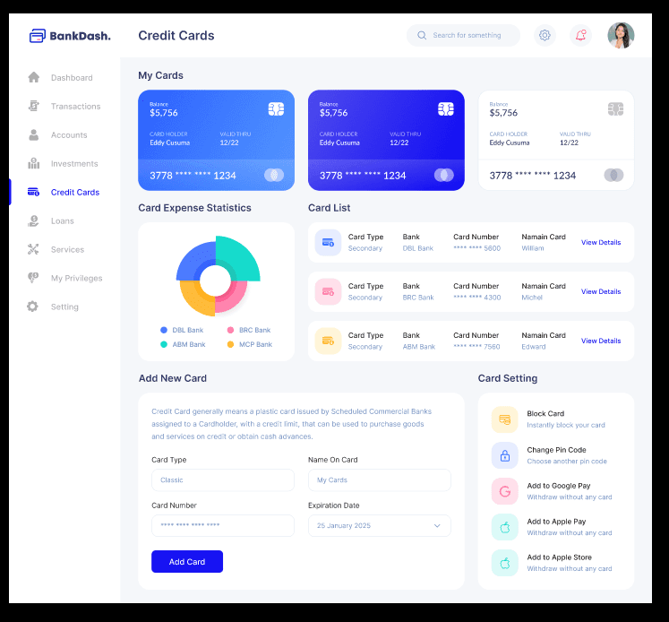 BankDash credit cards screen with card list, expense chart and card controls.