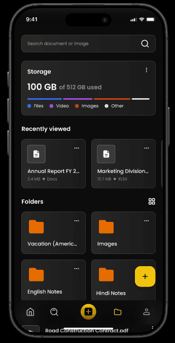 Cloud storage screen with used storage, recent documents, folders and search.