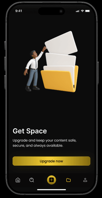 Cloud storage upgrade screen with an illustration, upgrade message and navigation bar.