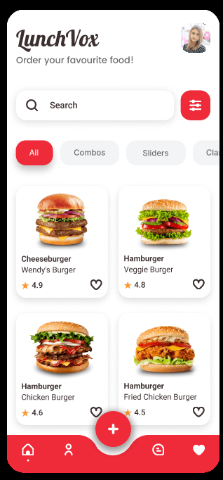 LunchVox food menu with search, food categories and burger cards.