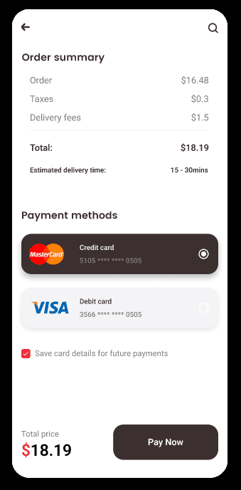 Food order summary with taxes, delivery fee, payment methods and total.