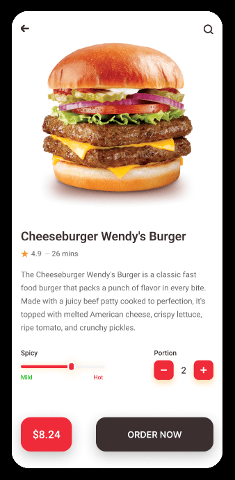 Cheeseburger product screen with spice and portion controls.