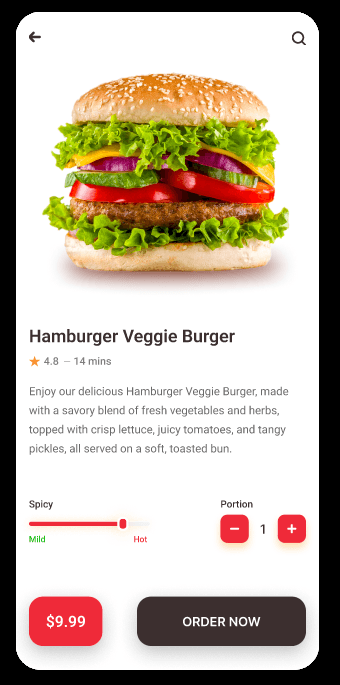 Hamburger Veggie Burger product screen with spice and portion controls.