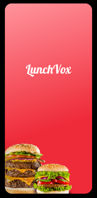LunchVox splash screen with two burgers on a red background.