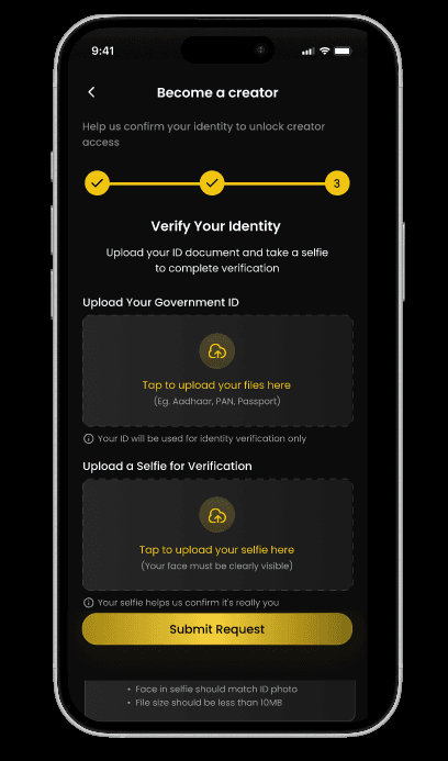Identity verification screen with government ID and selfie upload steps.