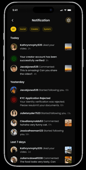 Video app notification list grouped by Today, Yesterday and Last 7 Days.