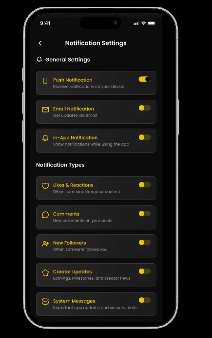 Notification settings for push, email, in-app, likes, comments and system messages.