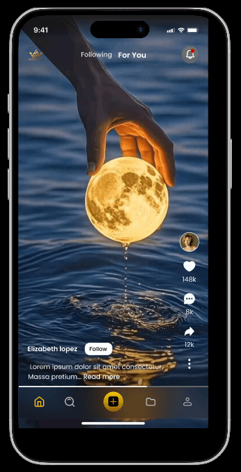 Video app For You feed with a vertical video and like, comment and share controls.