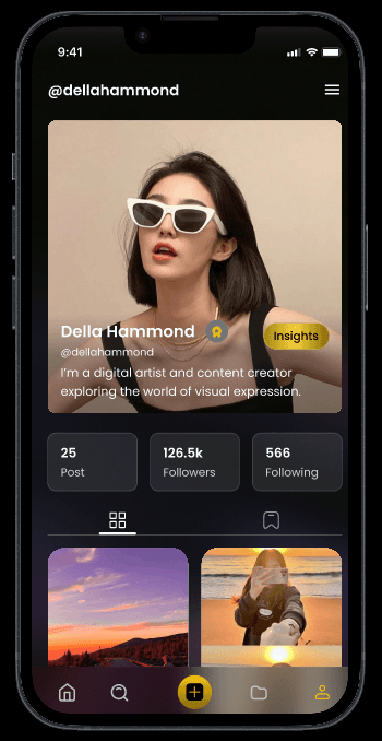 Creator profile screen with profile photo, follower counts, posts and saved tabs.